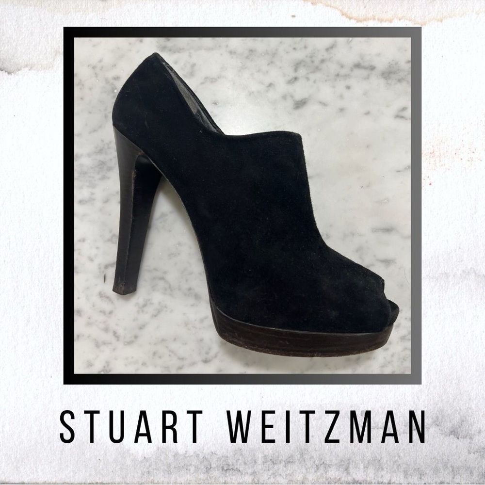 STUART WEITZMAN black suede peep toe bootie heel